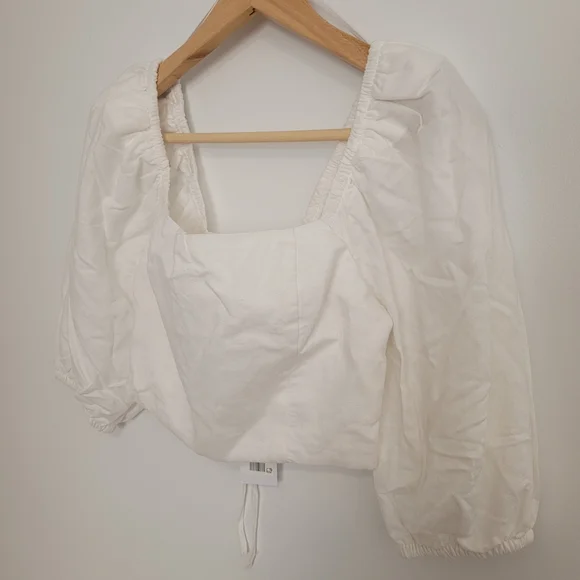 NWT Dynamite Nya Blouse White Puff Sleeve Square Neck Crop Top Linen Cotton XS - Picture 3 of 8
